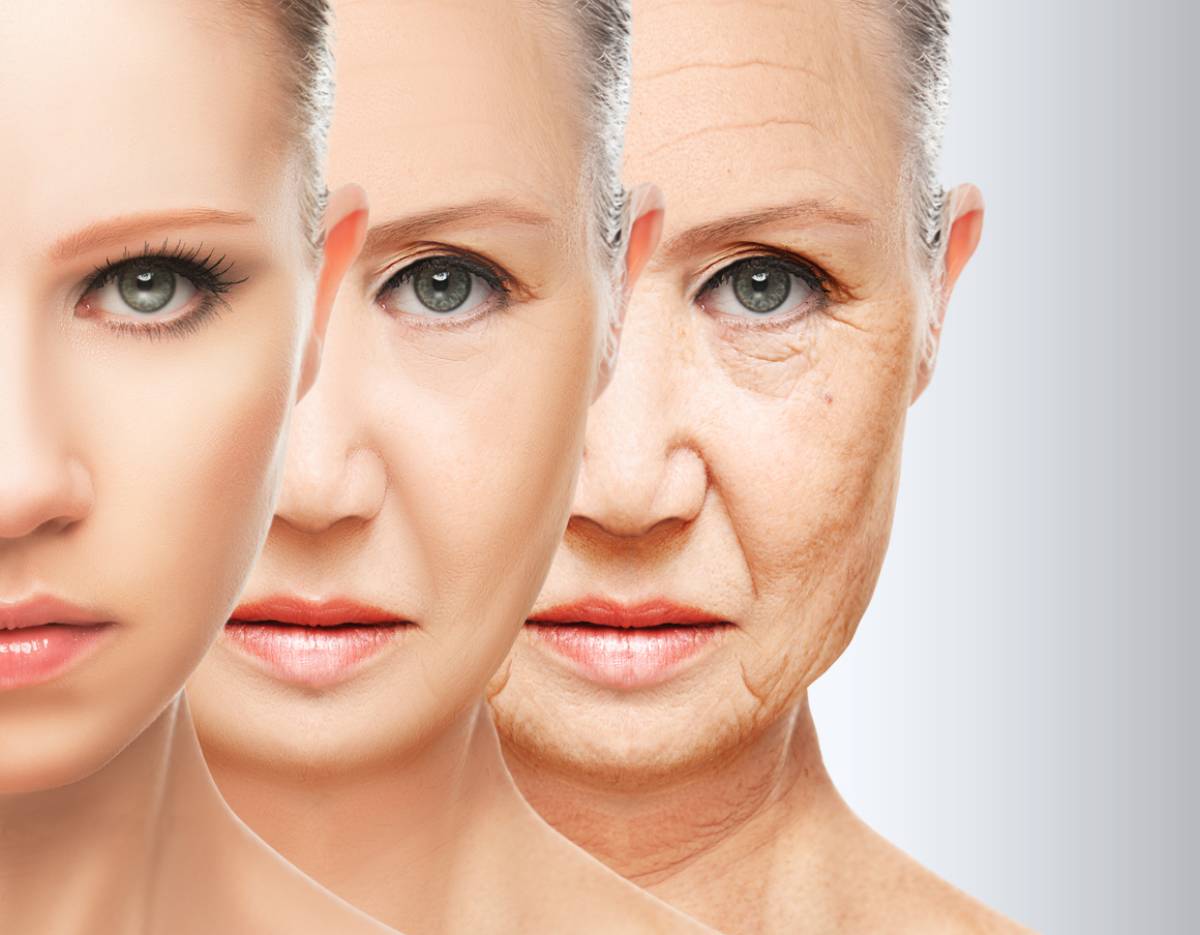 Three part image showing a woman with an aging face in stages